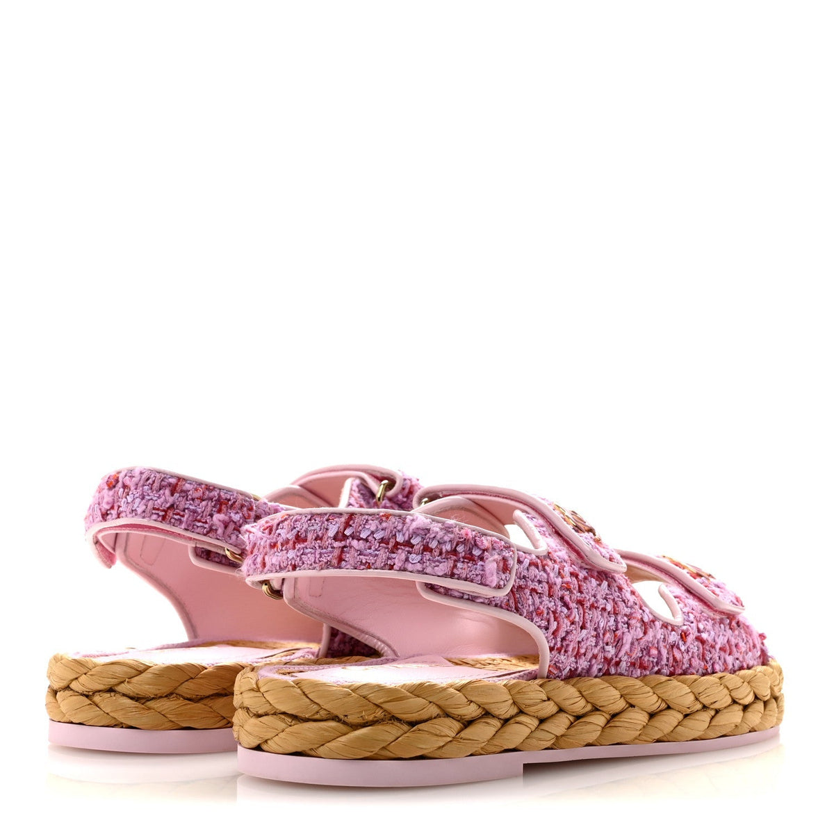 Chanel Tweed Patent Calfskin Women's Velcro Dad Sandals 38.5 Light Purple Pink Red