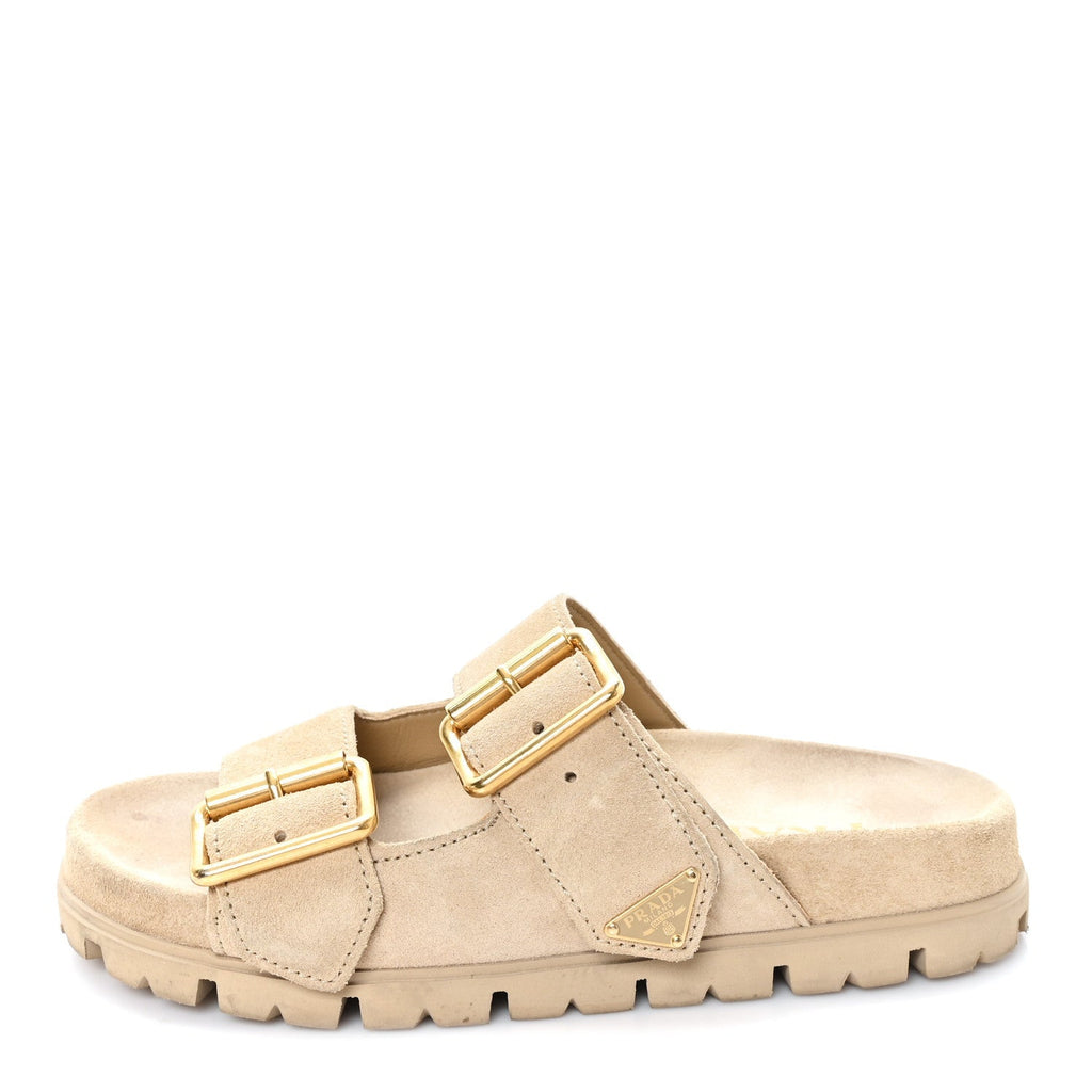 Prada Suede Women's Triangle Logo Slide Sandals 36 Ecru