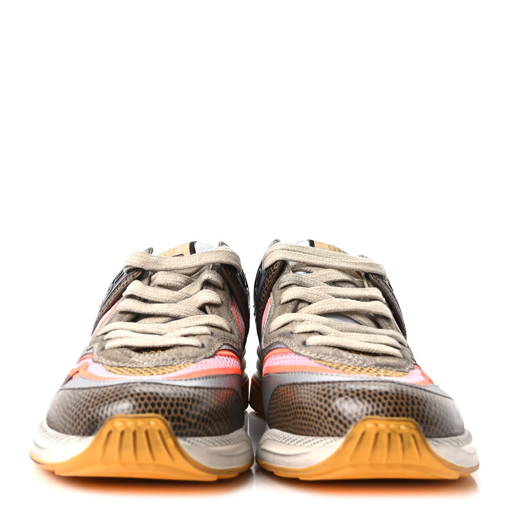 Gucci Calfskin Suede Mesh Women's Ultrapace Sneakers 37 Silver Anthracite Neon Orange