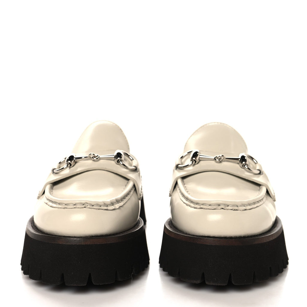 Gucci Smooth Calfskin Women's Cordovan Lux Horsebit Platform Mules 37 Mystic White