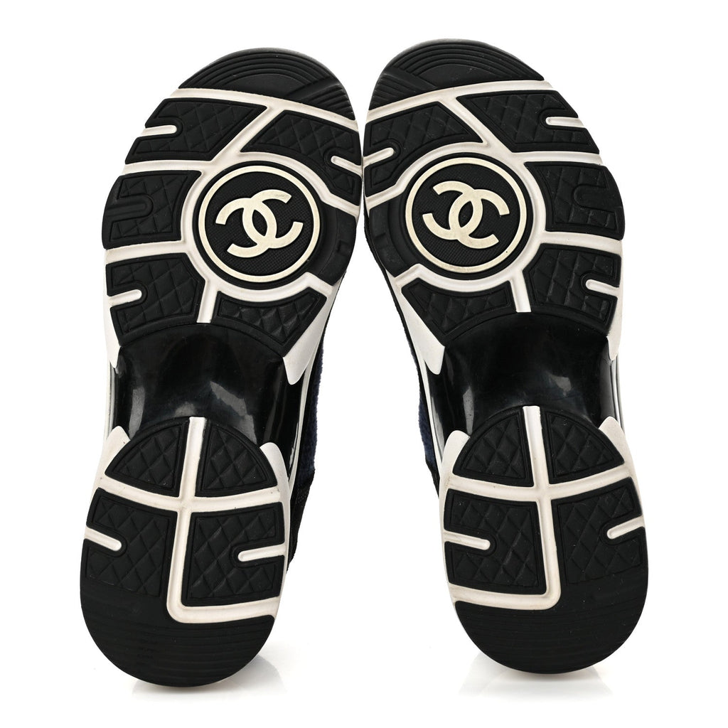 Chanel Knit Fabric Suede Calfskin CC Women's Sneakers Navy Black