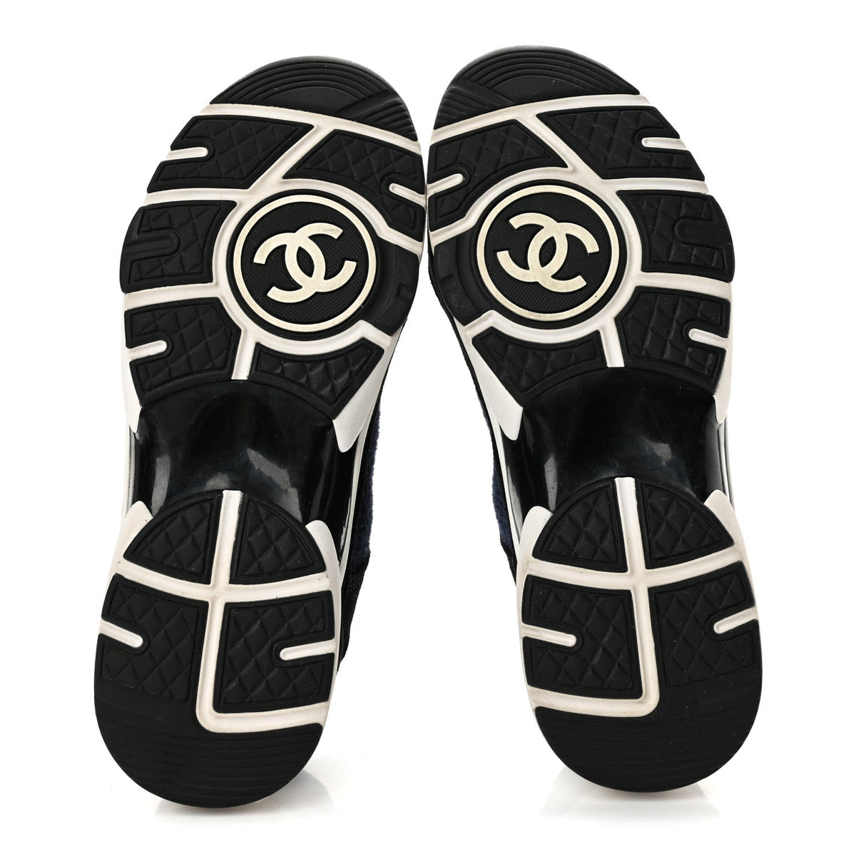 Chanel Knit Fabric Suede Calfskin CC Women's Sneakers Navy Black