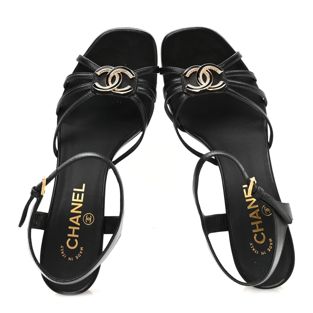 Chanel Lambskin Crystal CC Women's Sandals 37.5 Black