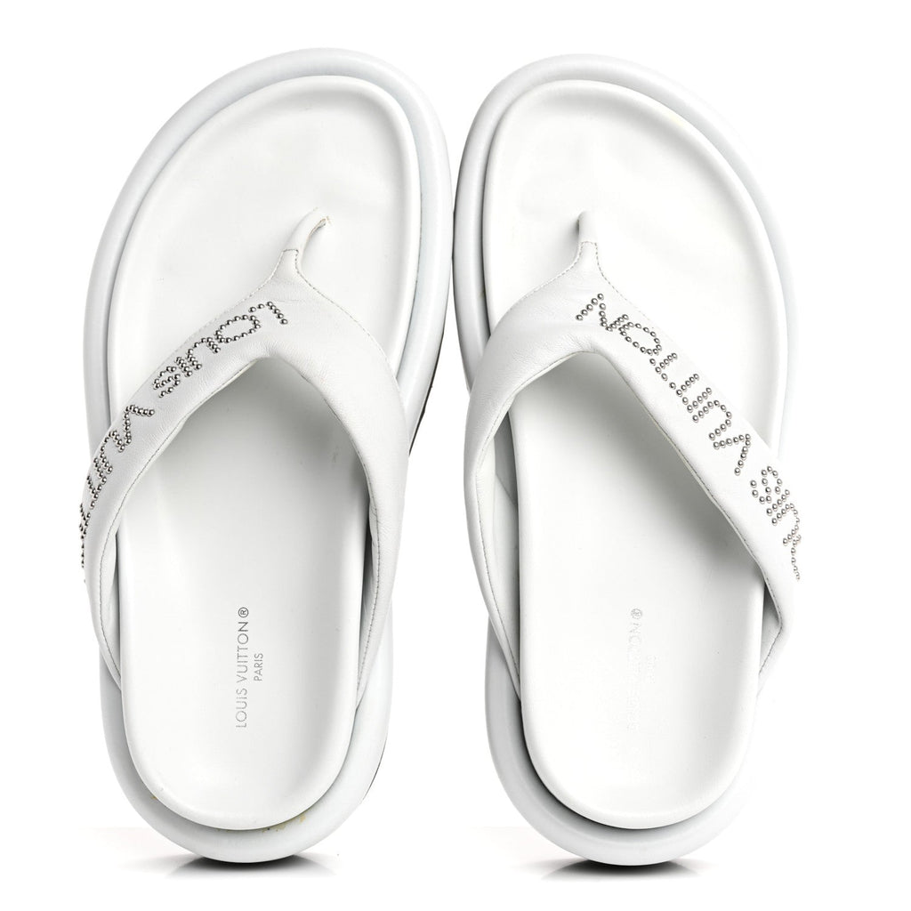 Louis Vuitton Calfskin Women's Logo Studded Pillow Flat Sandals 35 White