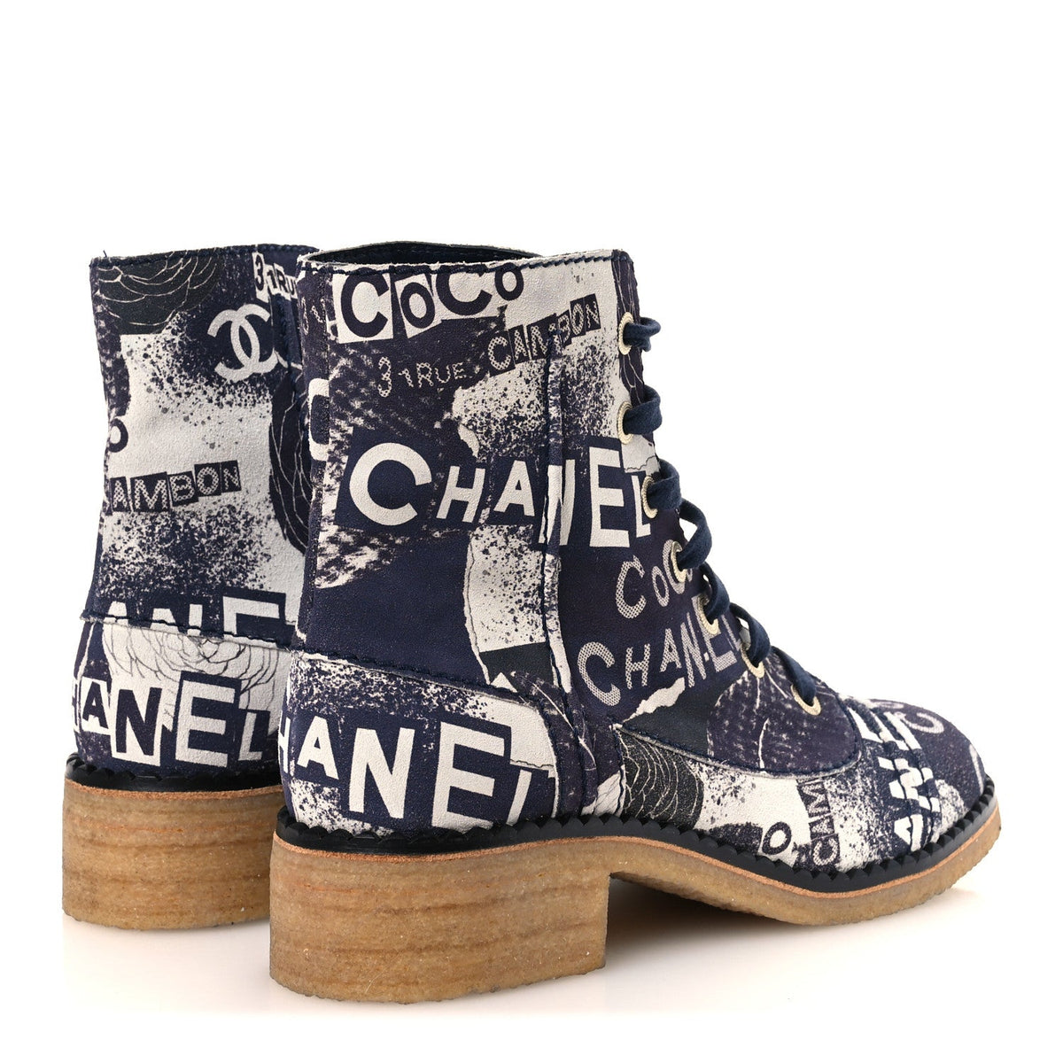 Chanel Suede Calfskin Women's CC 31 Rue Cambon Combat Boots 39.5 White Navy