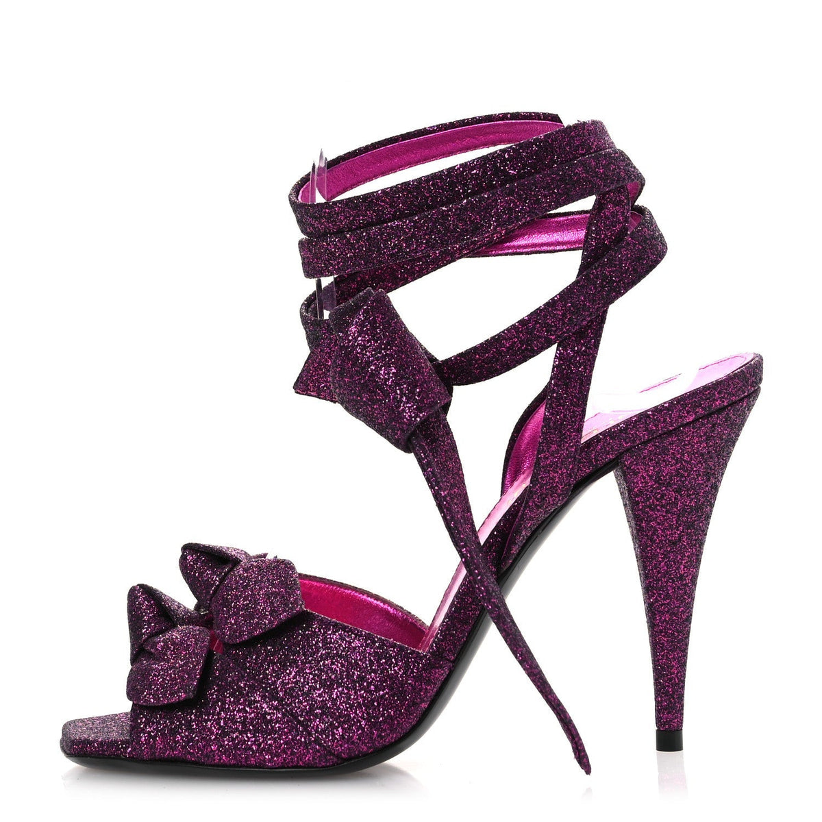 Saint Laurent Glitter Metallic Women's Kiki 100 Ankle Strap Sandals 36.5 Fucxia