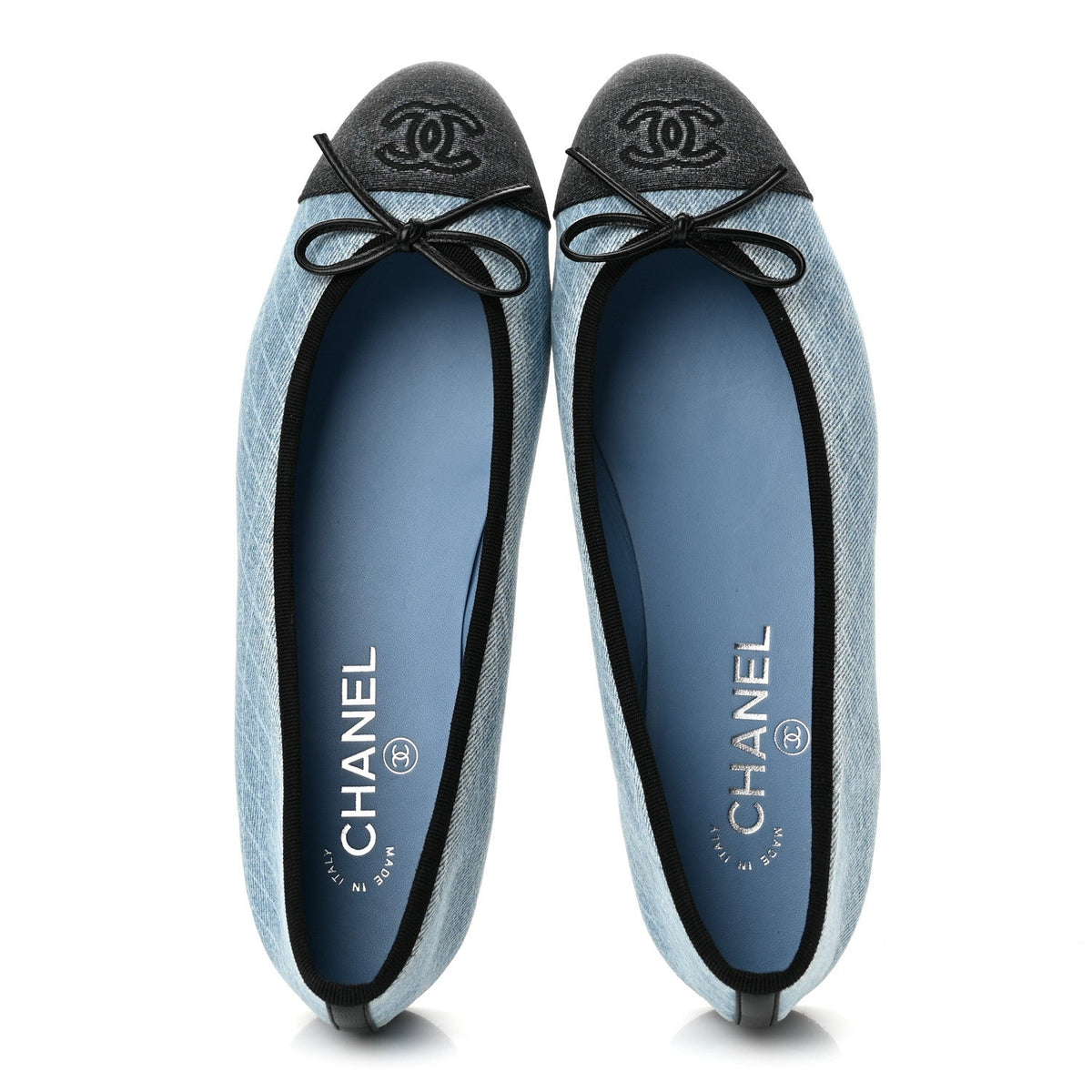 Chanel Denim Printed Quilt CC Cap Toe Women's Ballerina Flats Light Blue Dark Grey