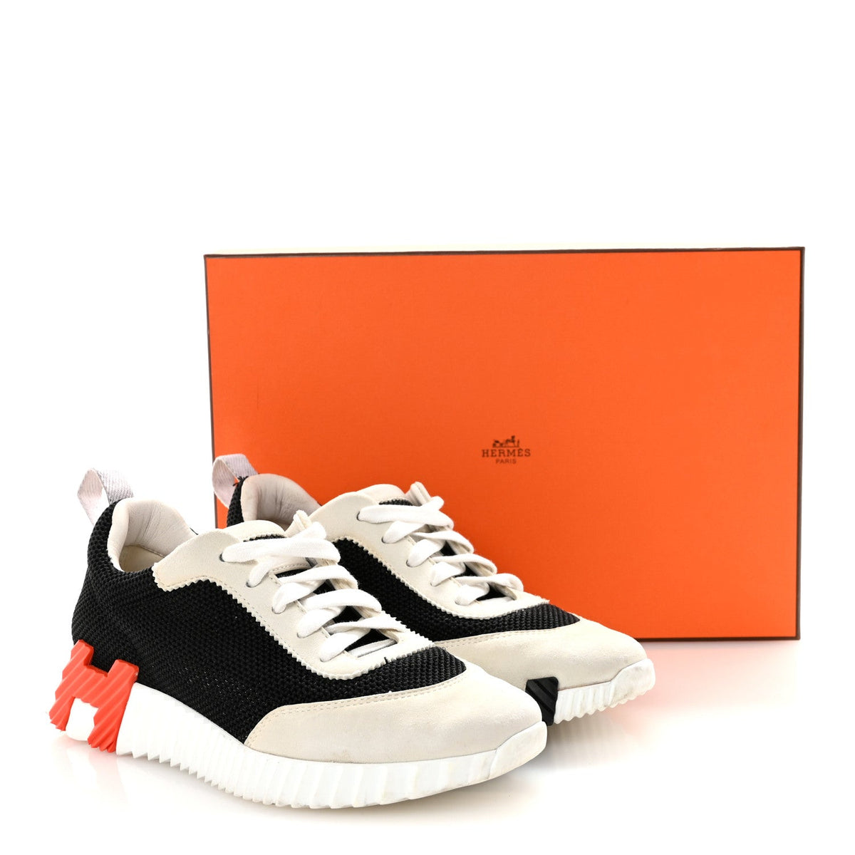 Hermes Air Mesh Suede Goatskin Women's Bouncing Sneakers 35 Black Orange
