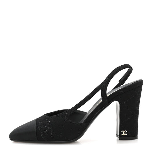 Chanel Wool Grosgrain Women's Cap Toe CC Slingback Pumps 41 Black