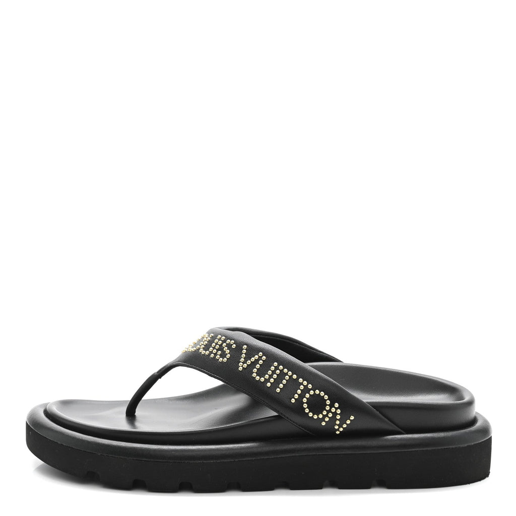 Louis Vuitton Calfskin Women's Logo Studded Pillow Flat Sandals 35 Black