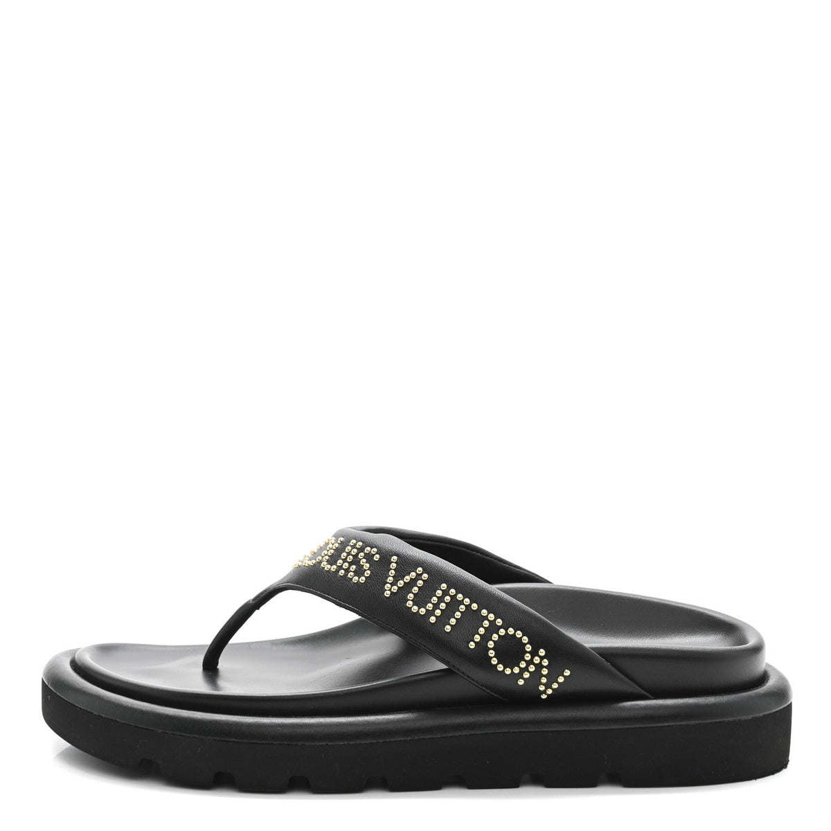 Louis Vuitton Calfskin Women's Logo Studded Pillow Flat Sandals 35 Black