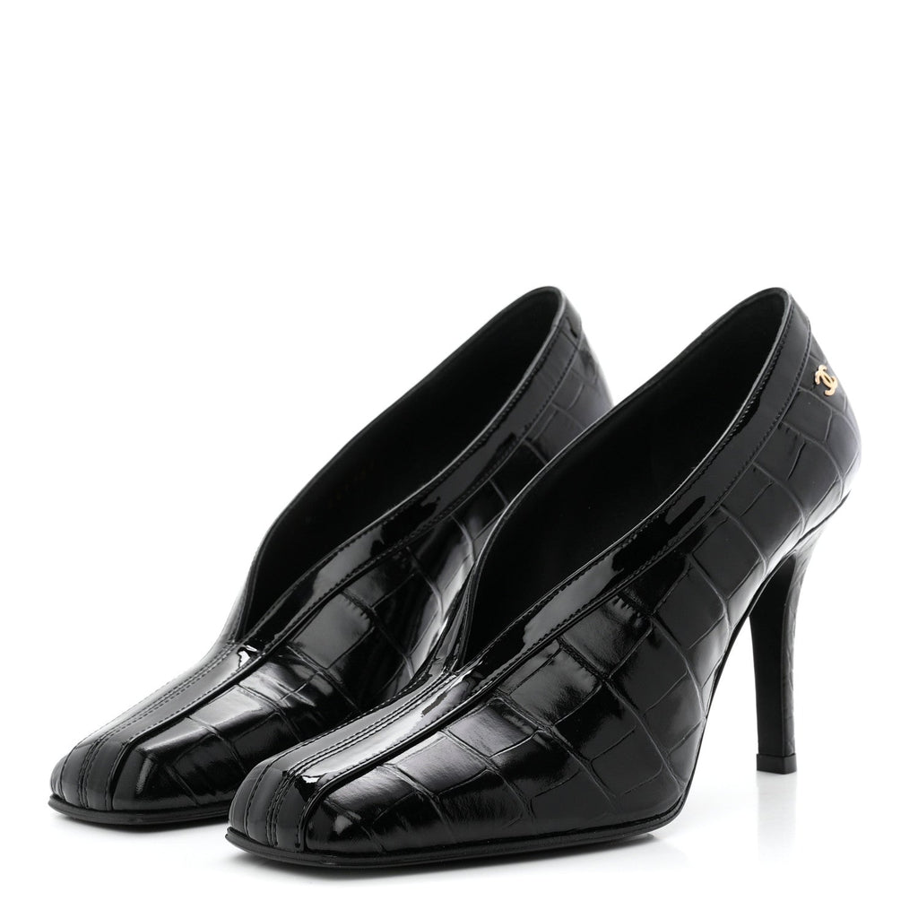 Chanel Crocodile Embossed Patent Calfskin Women's Pumps 36 Black