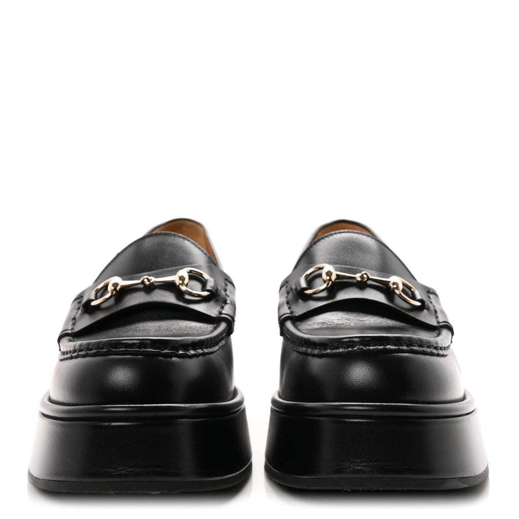 Gucci Calfskin Women's Kama Horsebit Wedge Platform Loafers 38.5 Black
