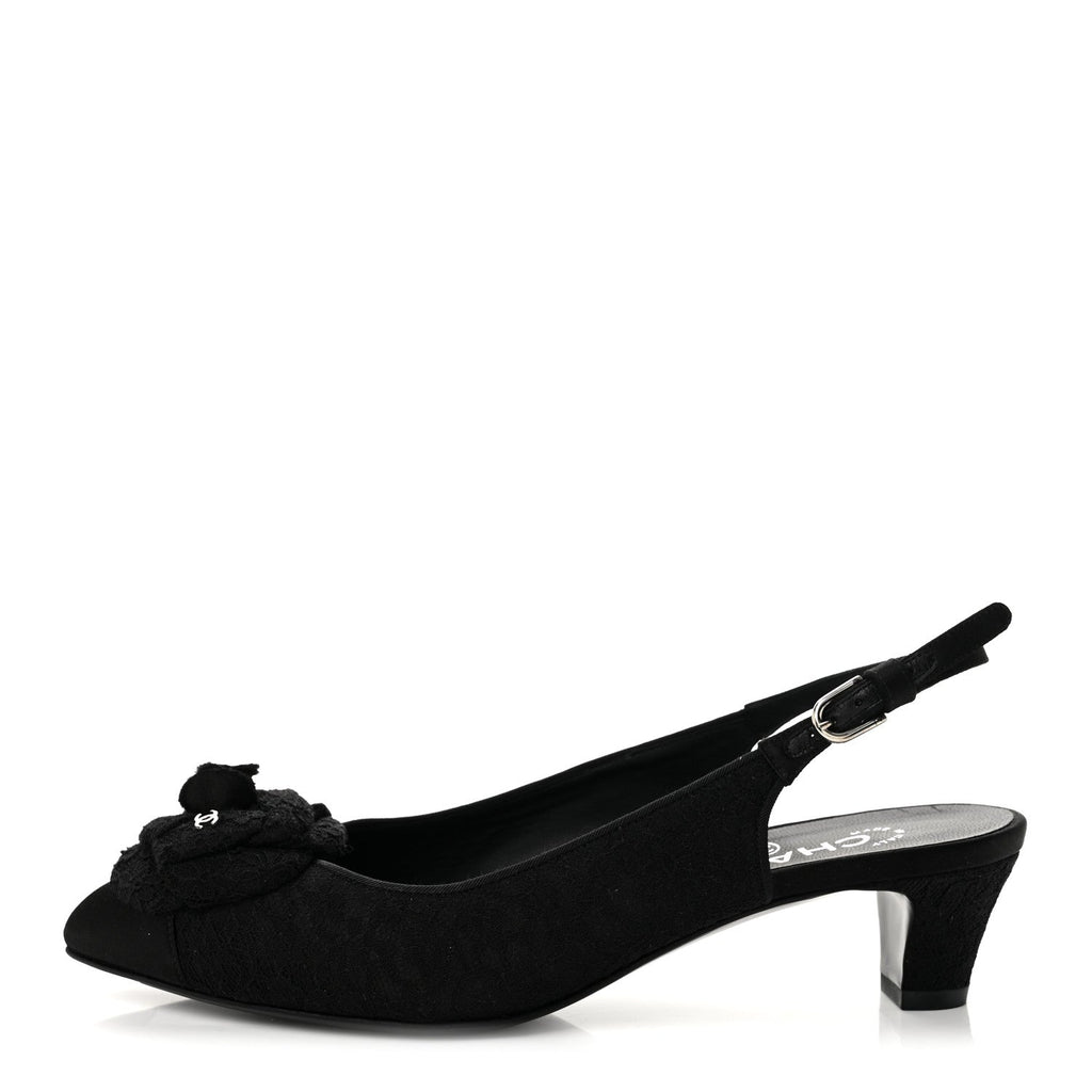 Chanel Lace Women's Camellia CC Slingback Pumps 38 Black