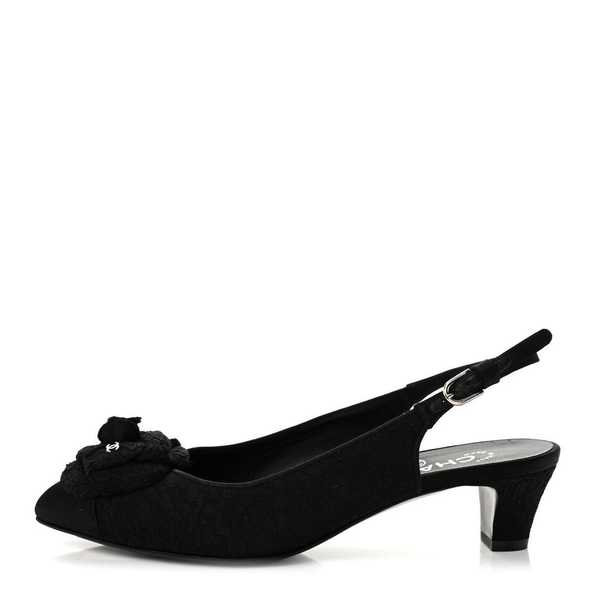 Chanel Lace Women's Camellia CC Slingback Pumps 38 Black