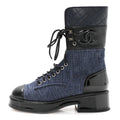 Chanel Fabric Patent Lambskin Women's Quilted CC Lace Up Combat Boots 36.5 Navy Blue Black