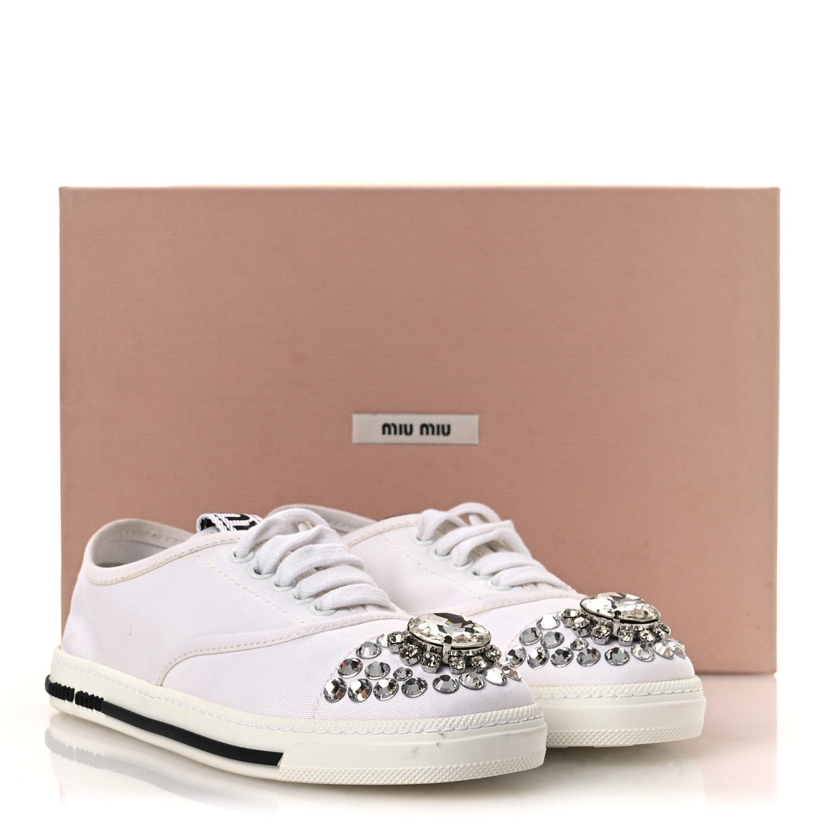 Miu Miu Gabardine Women's Crystal Low Sneakers 35 Bianco
