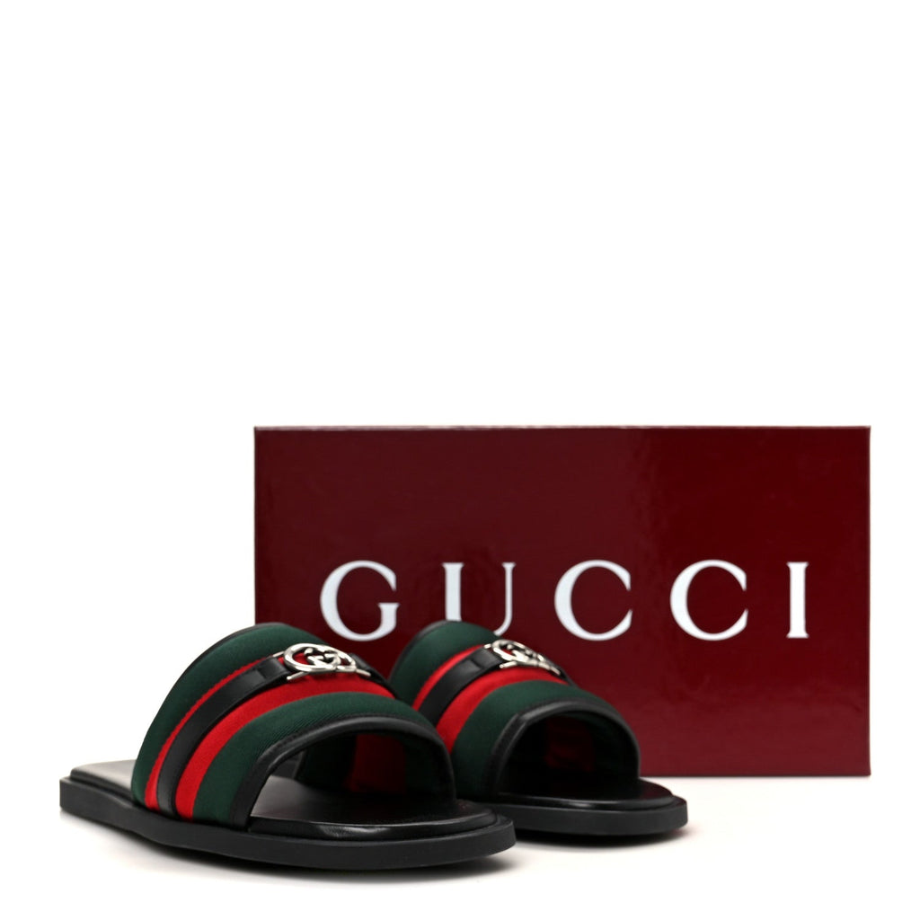 Gucci Nylon Calfskin Men's Web Interlocking G Maverik Slide Sandals 41 Black