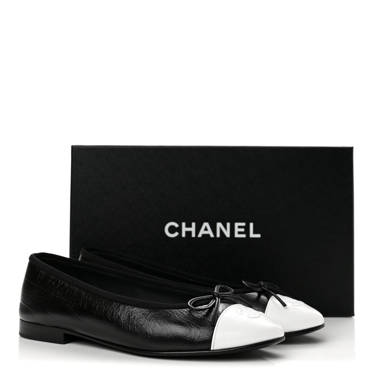 Chanel Crumpled Lambskin CC Cap Toe Women's Flats Black White