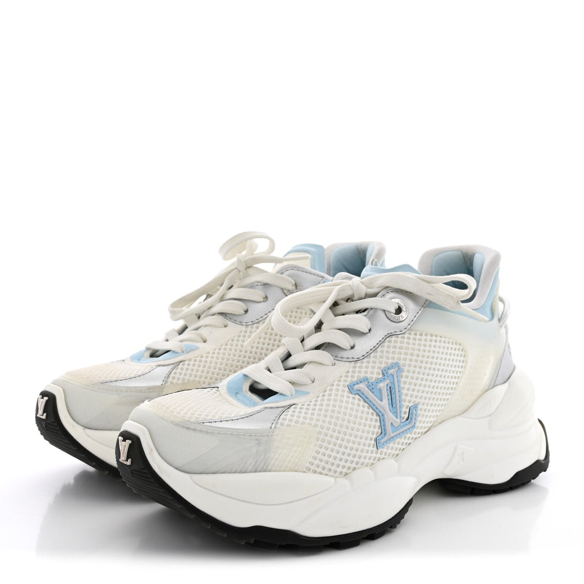 Louis Vuitton Metallic Calfskin Technical Mesh Women's Run 55 Sneakers 36 Bleu Clair