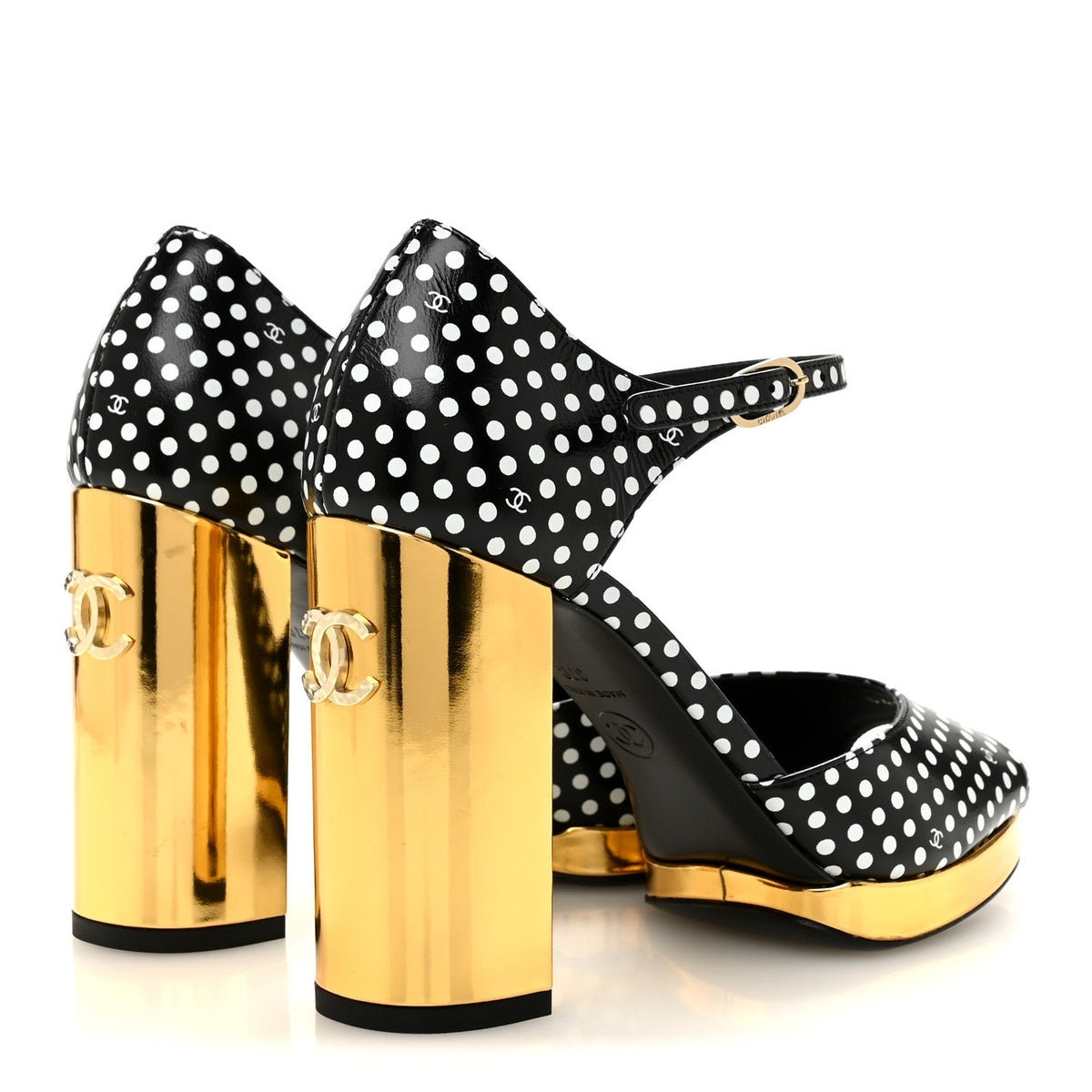 Chanel Printed Calfskin Women's Polka Dot CC Platform Sandals 37 Black White