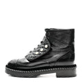Crackled Calfskin Velvet Pearl Combat Short Boots Black