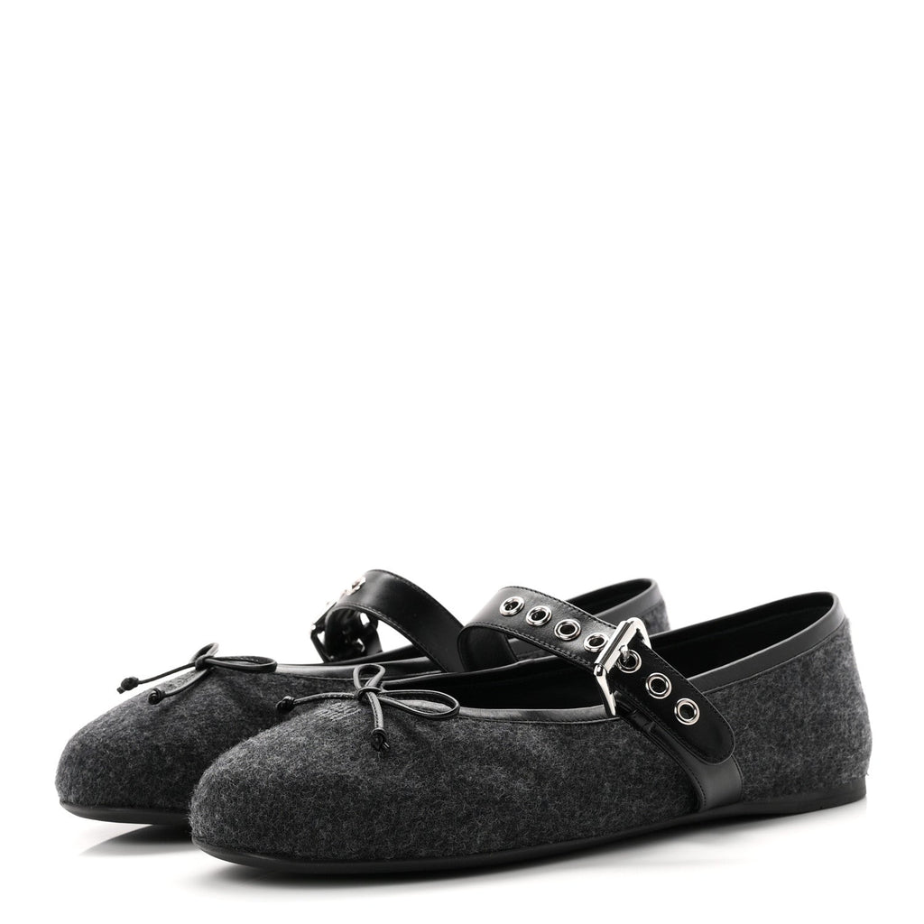 Miu Miu Virgin Wool Nappa Women's Buckle Ballerina Flats 39 Antracite