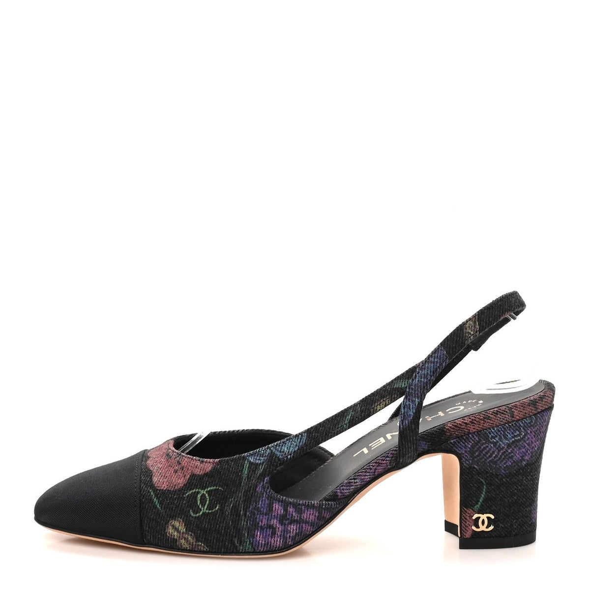 Chanel Denim Grosgrain Women's CC Slingback Pumps 37 Charcoal Multicolor