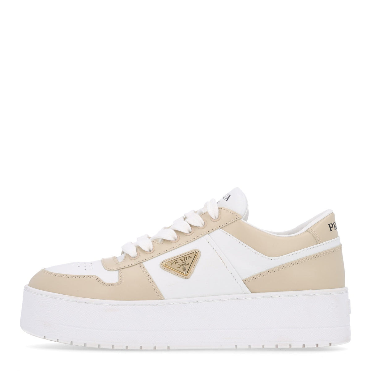 Prada Vitello Rois Triangle Downtown 30mm Women's Sneakers Beige and White