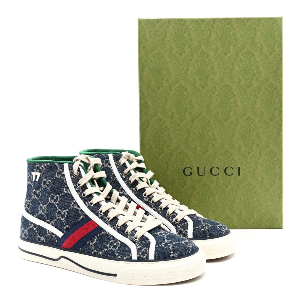 Gucci Denim GG Monogram Web 1977 Tennis Men's High Top Sneakers Blue