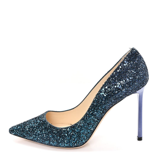 Jimmy Choo Glitter Women's Romy 100 Pumps 37.5 Peacock Navy