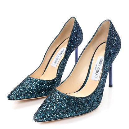 Jimmy Choo Glitter Women's Romy 100 Pumps 37.5 Peacock Navy
