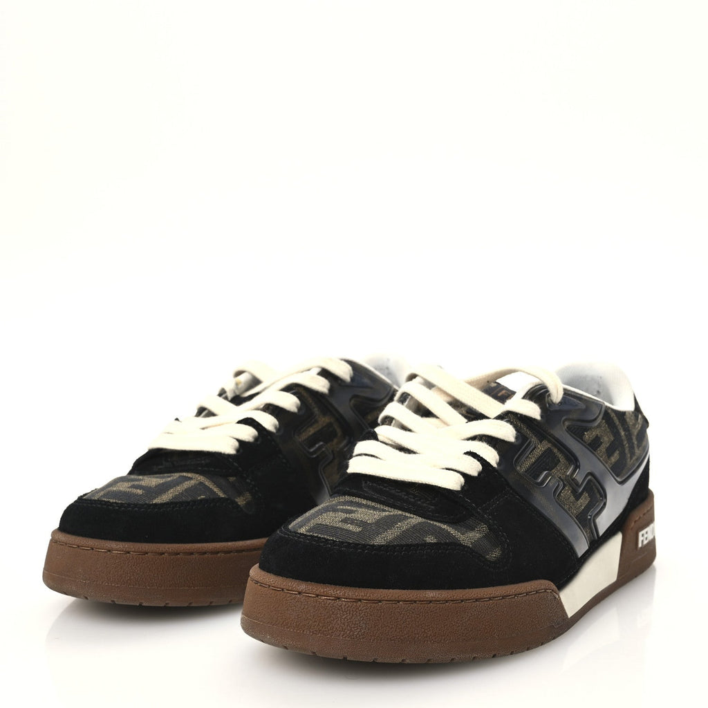 Fendi Suede Calfskin Zucca Women's Match Low Top Sneakers 37.5 Tobacco Black