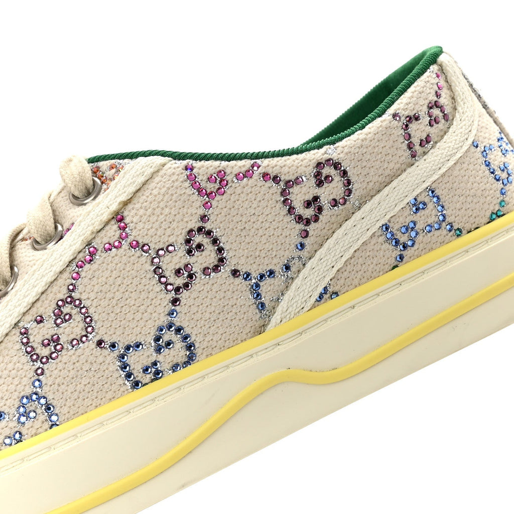 Gucci Canvas Lame Crystal Women's 1977 Tennis Sneakers 36 Gardenia Silver Mystic White
