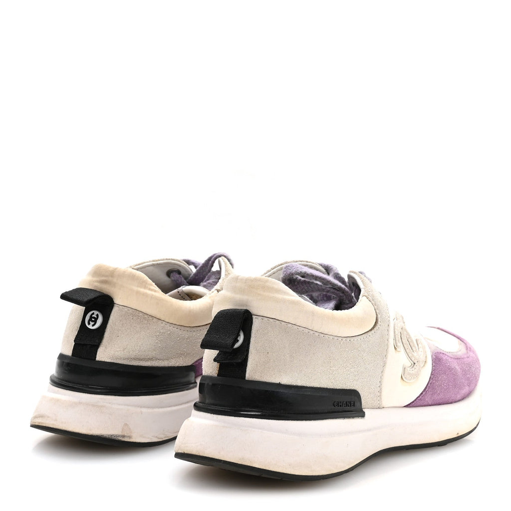 Chanel Nylon Calfskin Suede CC Women's Sneakers 36 White Light Grey Purple