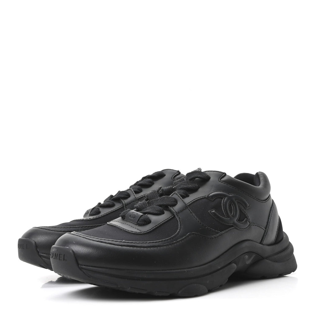 Chanel Lambskin Fabric Women's CC Uniform Sneakers 38.5 Black