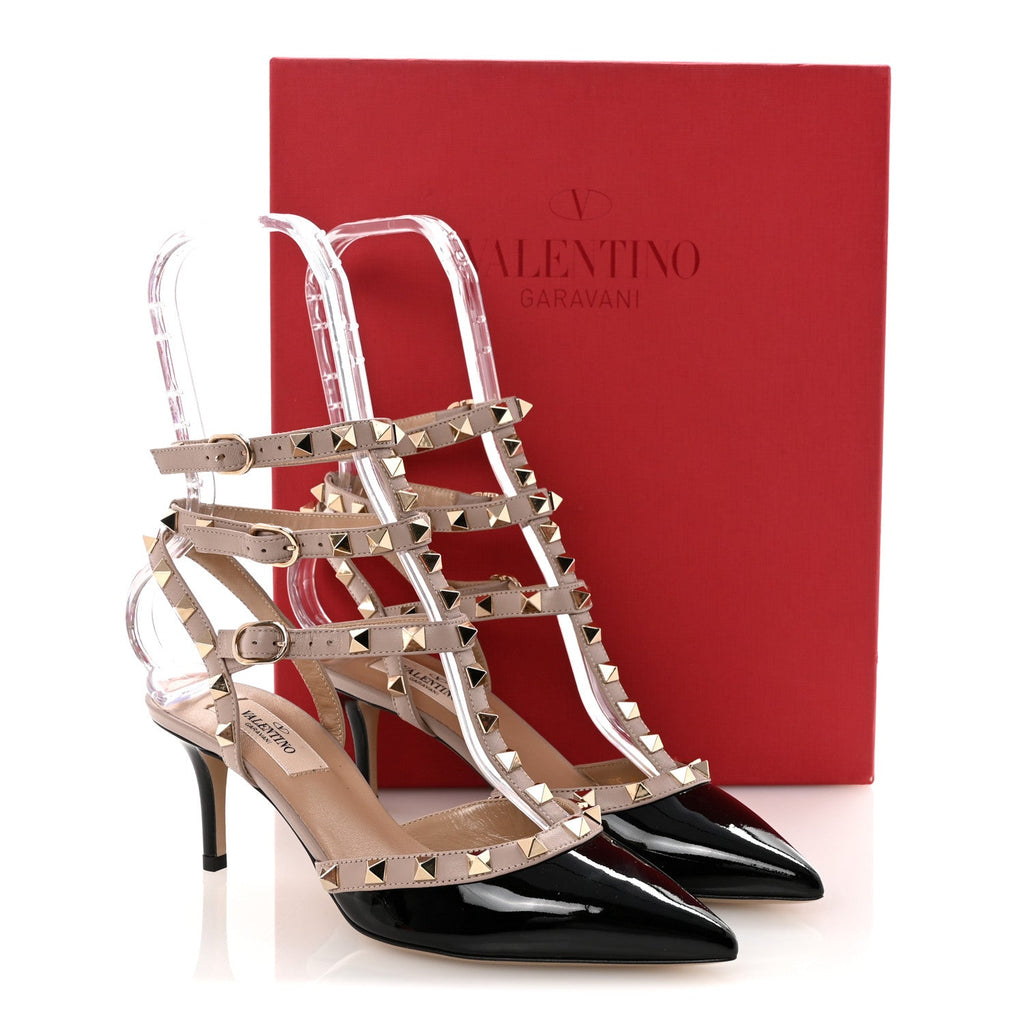 Valentino Garavani Patent Nappa Women's Rockstud Ankle Strap Pumps 36.5 Black Poudre