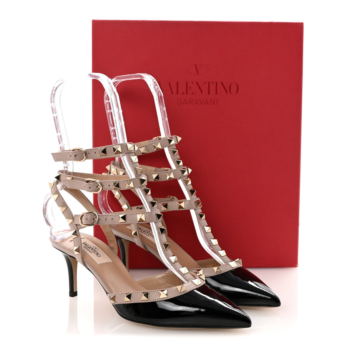 Valentino Garavani Patent Nappa Women's Rockstud Ankle Strap Pumps 36.5 Black Poudre