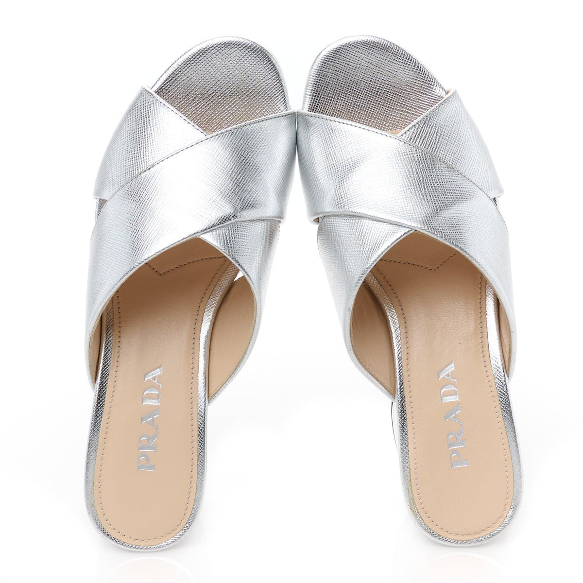 Prada Metallic Saffiano Crisscross Women's Platform Sandals 34.5 Silver
