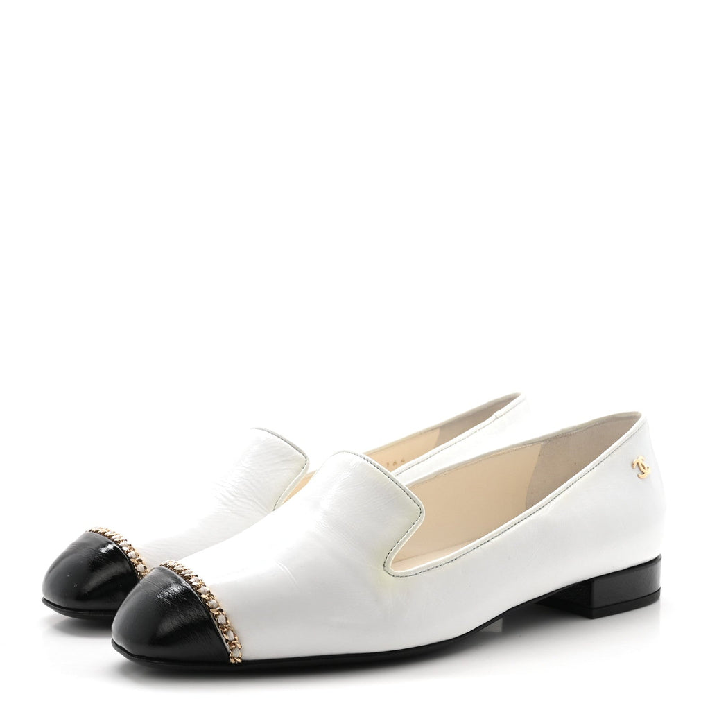Chanel Patent Cap Toe Chain Women's Moccasin Loafers White Black