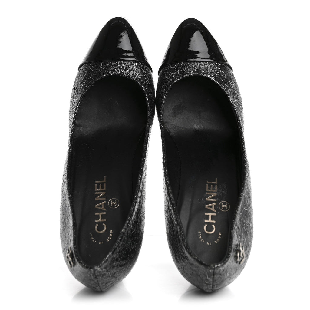 Chanel Metallic Crackled Calfskin Patent Cap Toe Women's Pumps 41 Silver Black