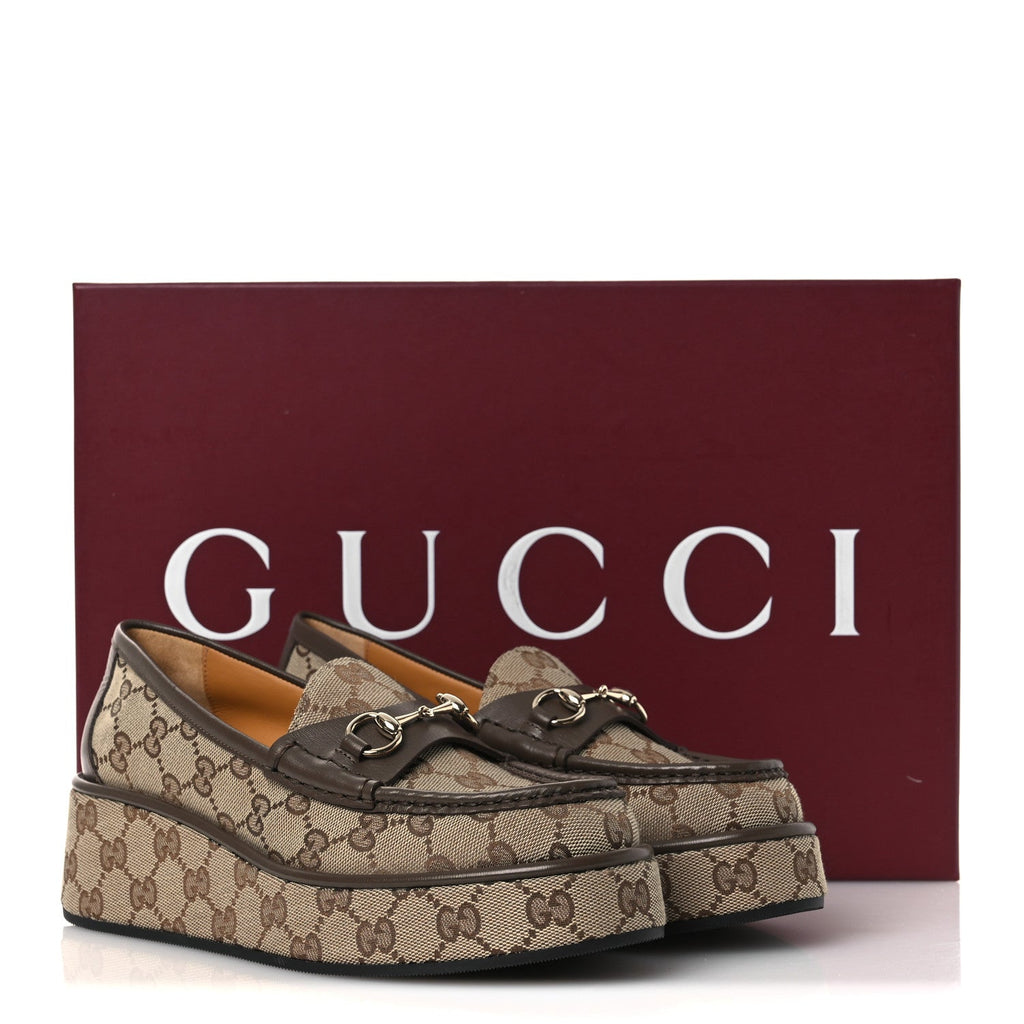 Gucci Monogram Canvas Women's Horsebit Wedge Platform Loafers 37 Beige Ebony