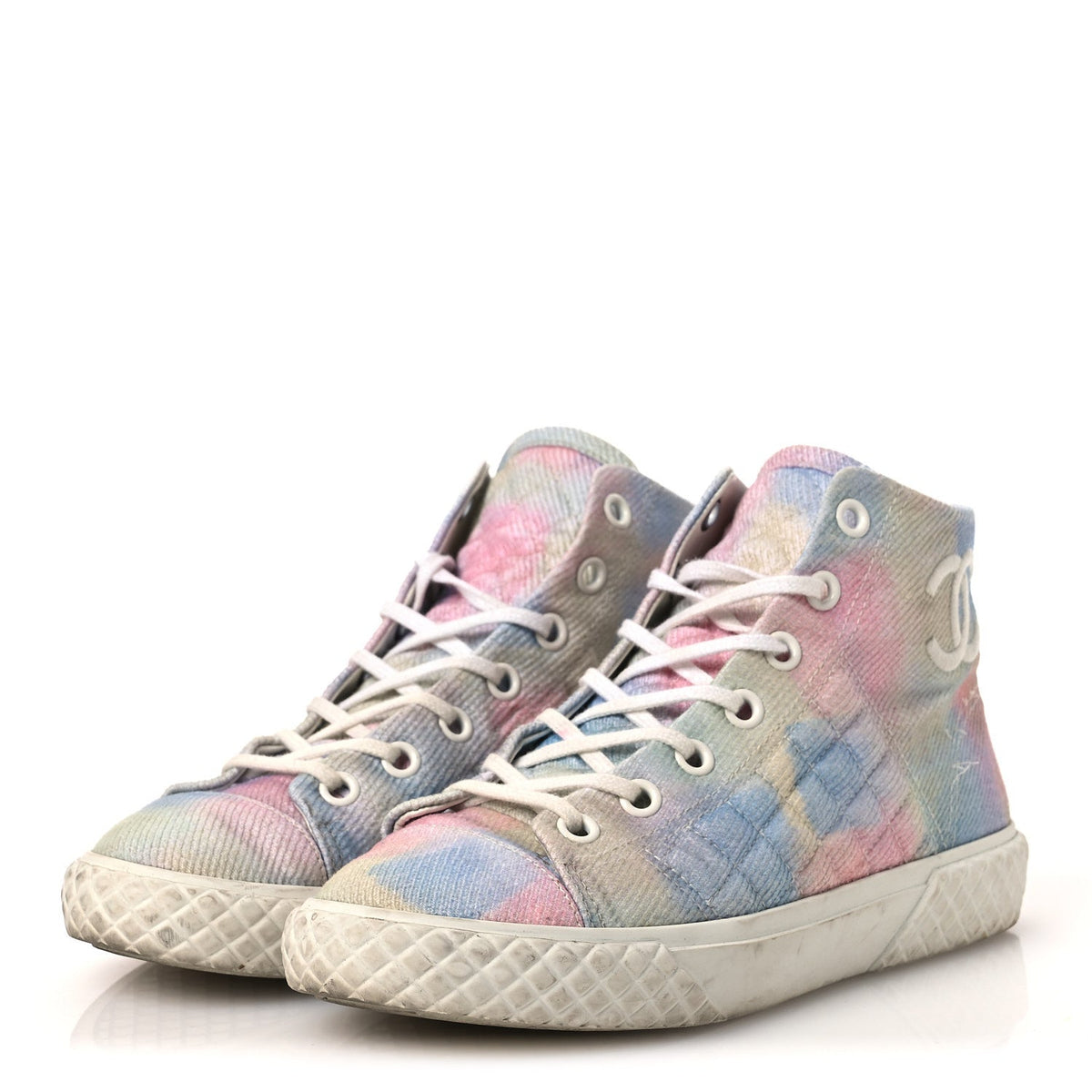 Chanel Printed Fabric Women's High Top CC Sneakers 39 Green Pink Blue White