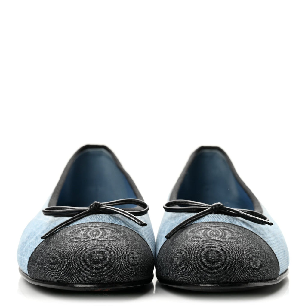 Chanel Denim Printed Quilt CC Cap Toe Women's Ballerina Flats Light Blue Dark Grey