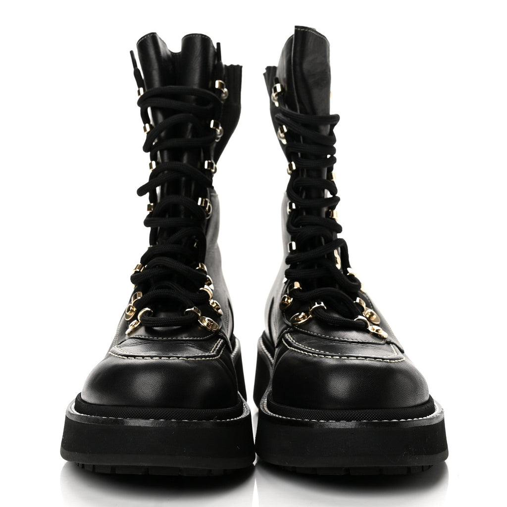 Chanel Calfskin Knit Lace Up Women's Combat Boots