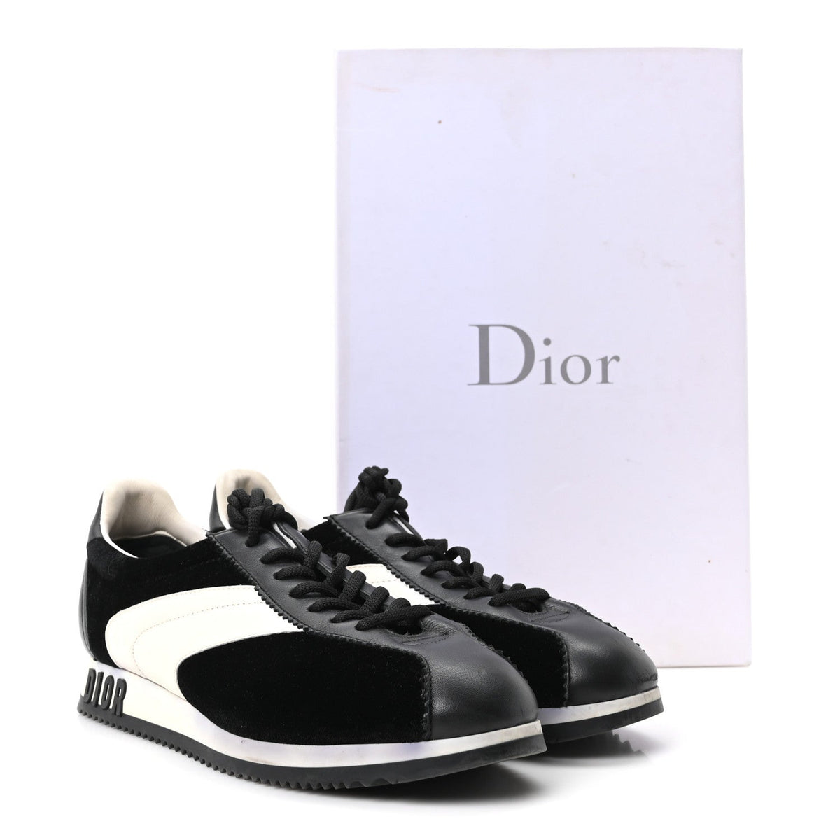 Christian Dior Velvet Calfskin Women's Diorun Sneakers 37.5 Black Off White