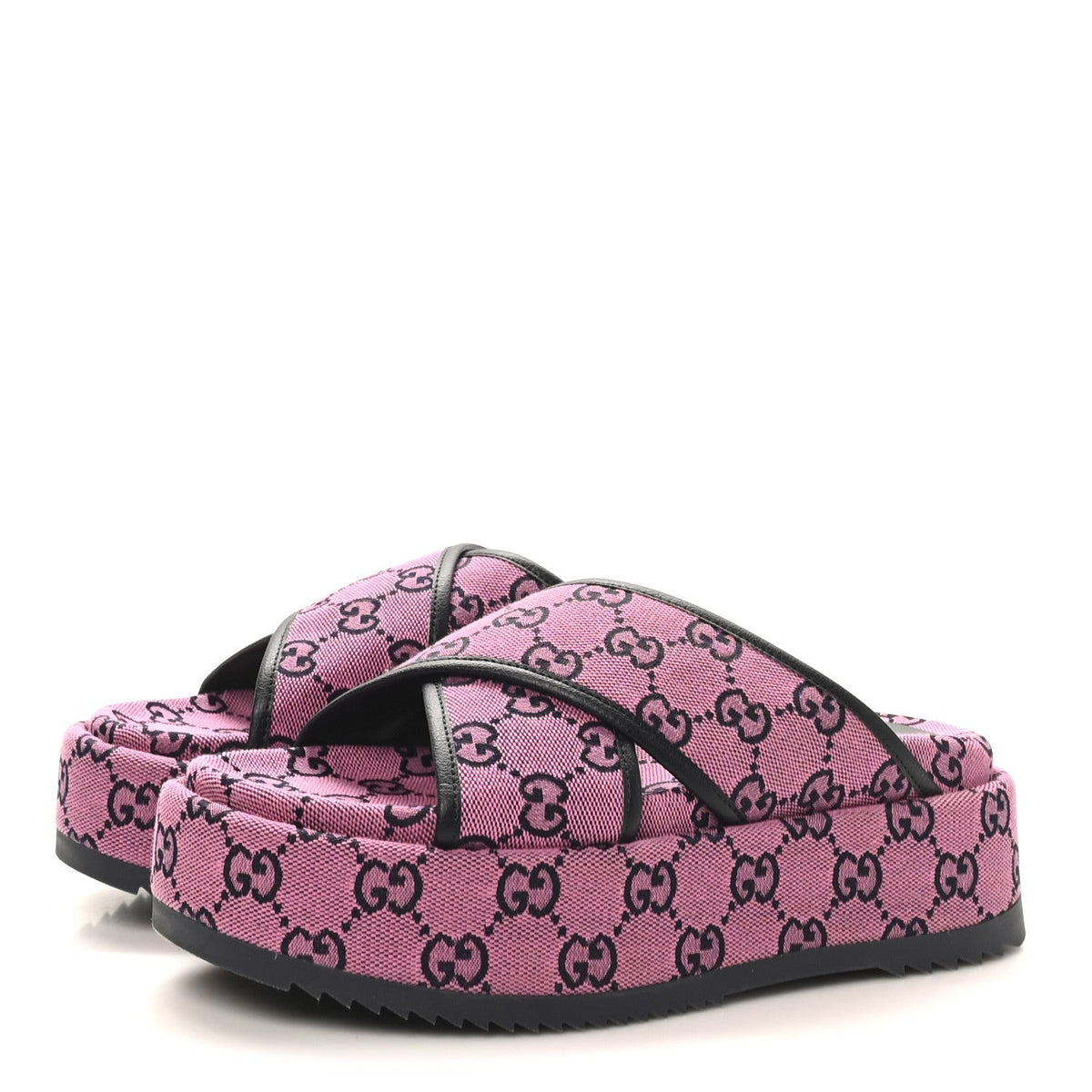 Gucci Canvas Women's Monogram Multicolor Criss Cross Platform Slide Sandals 36.5 Pink Blue