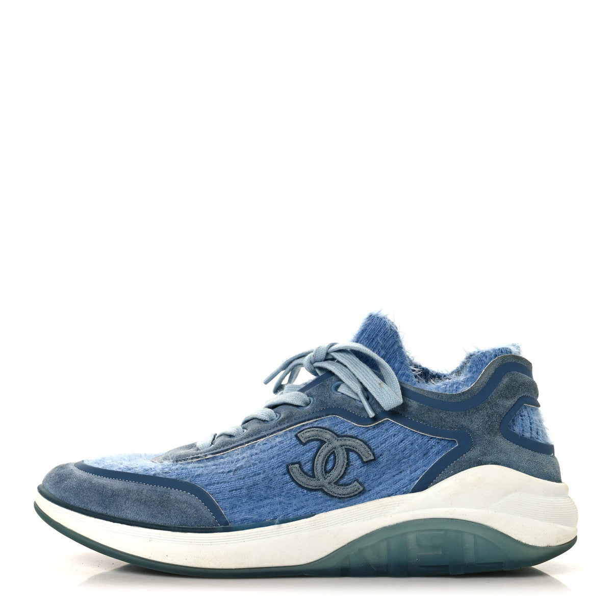 Chanel Suede Calfskin Stretch Fabric CC Women's Sneakers 40.5 Light Blue