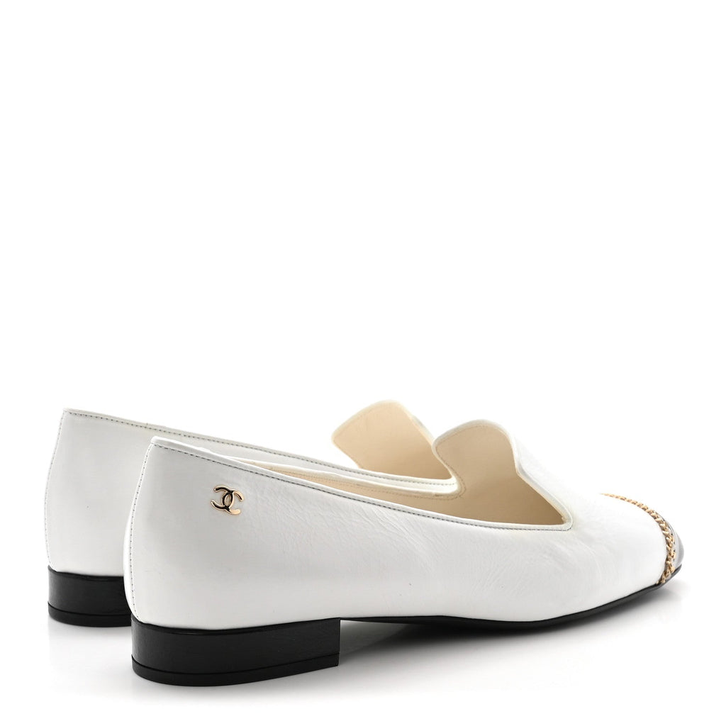 Chanel Patent Cap Toe Chain Women's Moccasin Loafers White Black