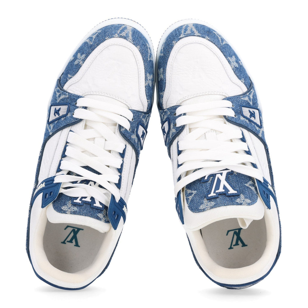 Louis Vuitton Calfskin Embossed Monogram Denim Women's LV Trainer Sneakers 40 Blue